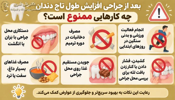 بعد از جراحی افزایش طول تاج دندان چه کارهایی ممنوع است؟
